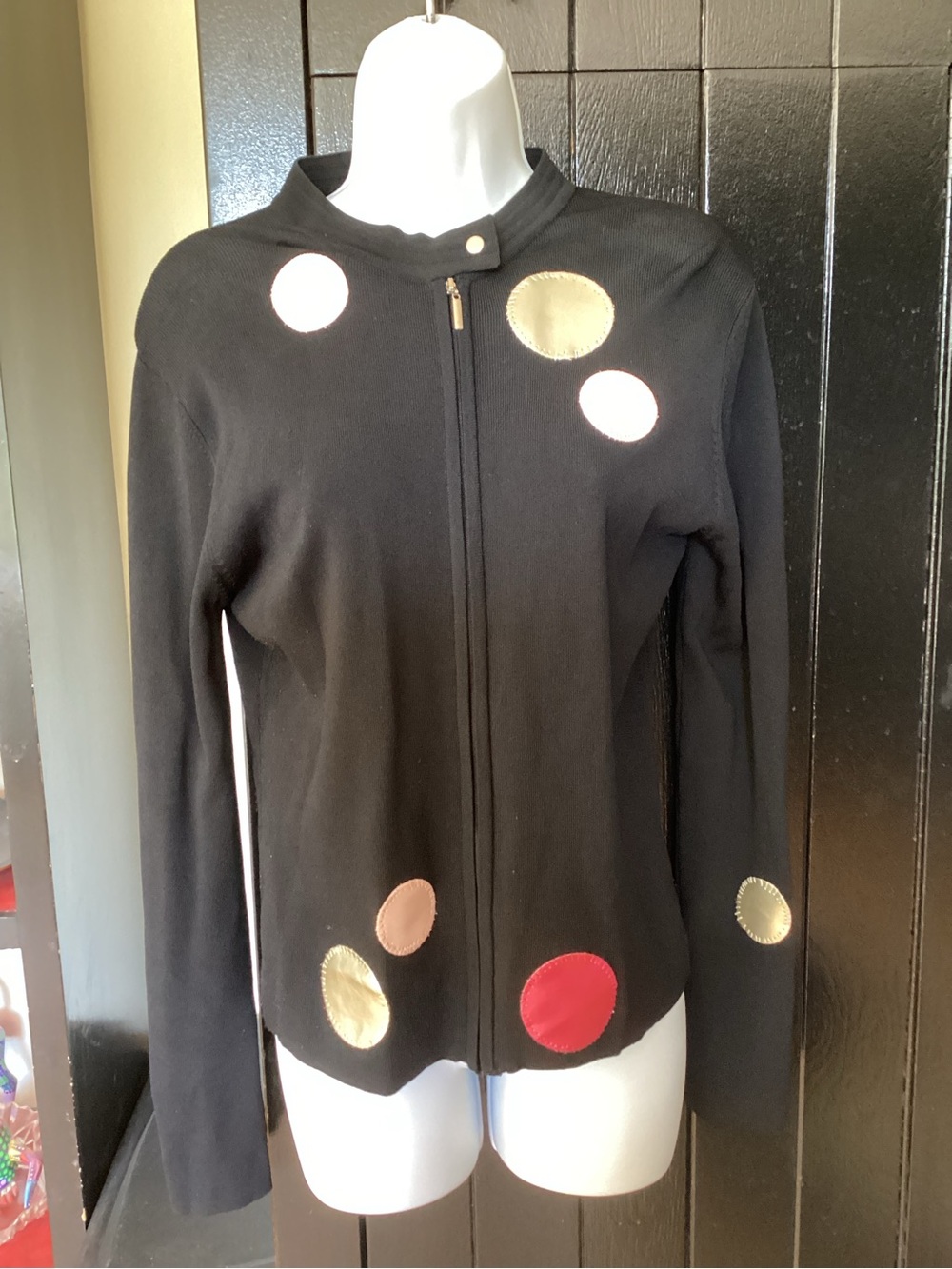 Women's Black Zip-Front Jacket with Polka Dot Accents